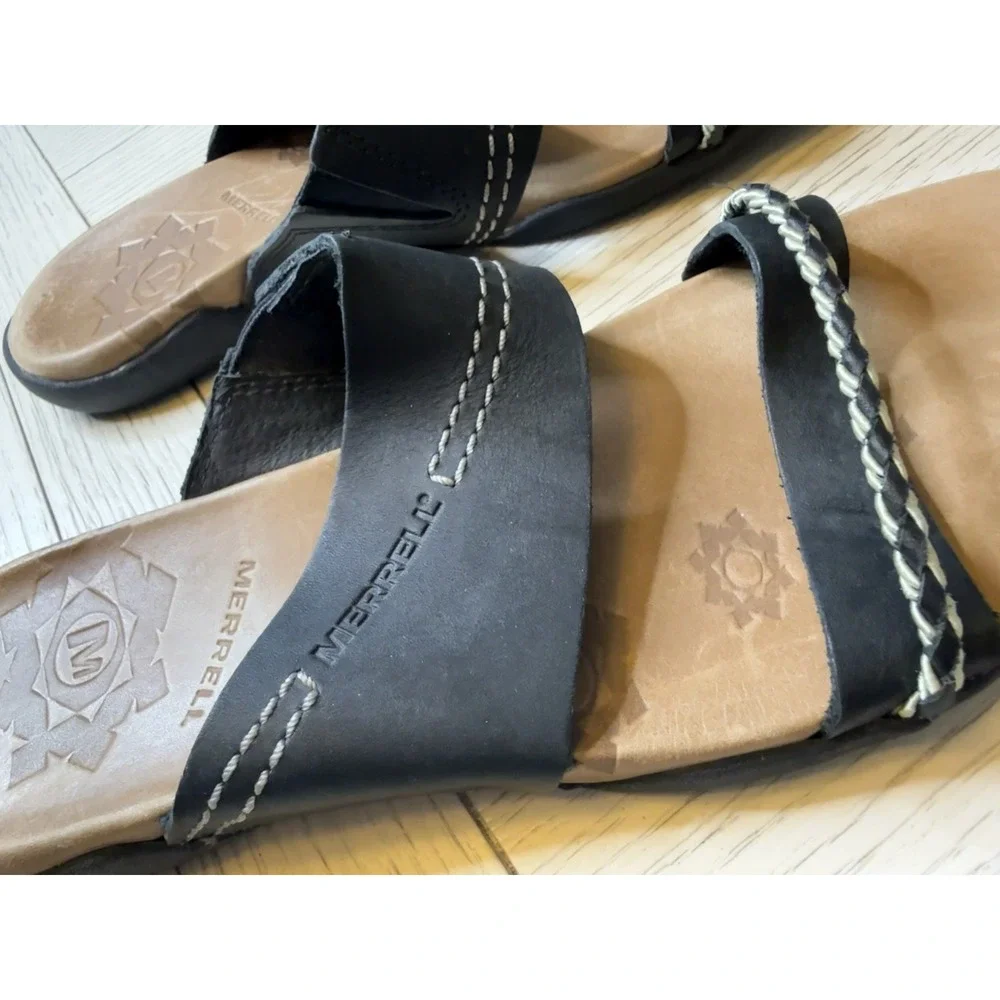 Merrell Shundra Women Sz 8 Black Casual Flip Flop Slide Sandal Shoes Boho Nature